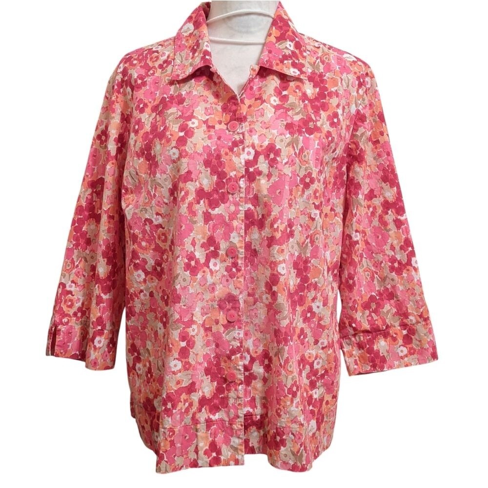 KORET Women's Button Up Vibrant Ditzy Floral Pink Cream Top Blouse Large